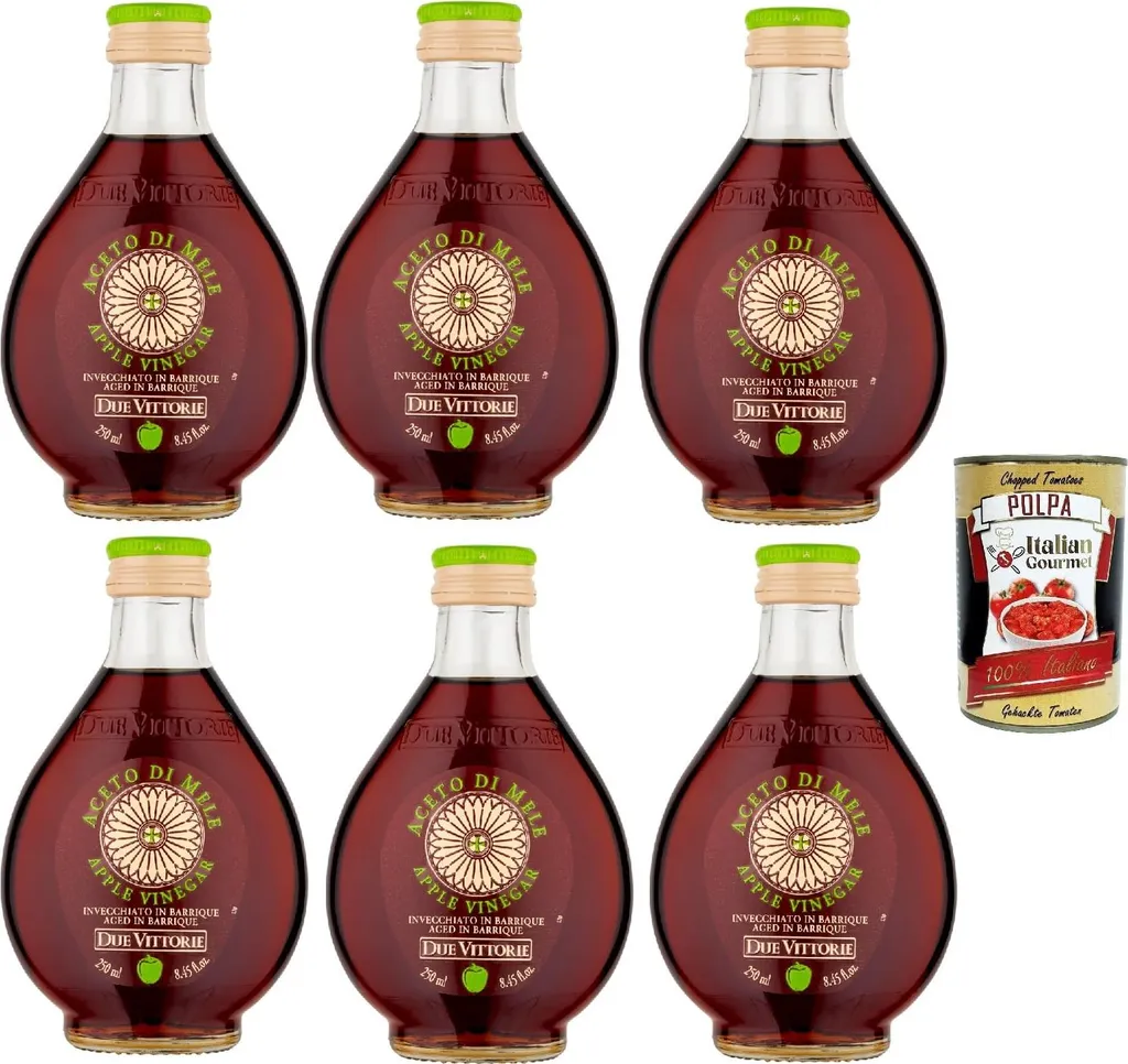 Due Vittorie Aceto di Mele, Apple Cider Vinegar, With an intense and fruity taste, Acidity: 5%, 6 x 250 ml + Italian Gourmet polpa 400g