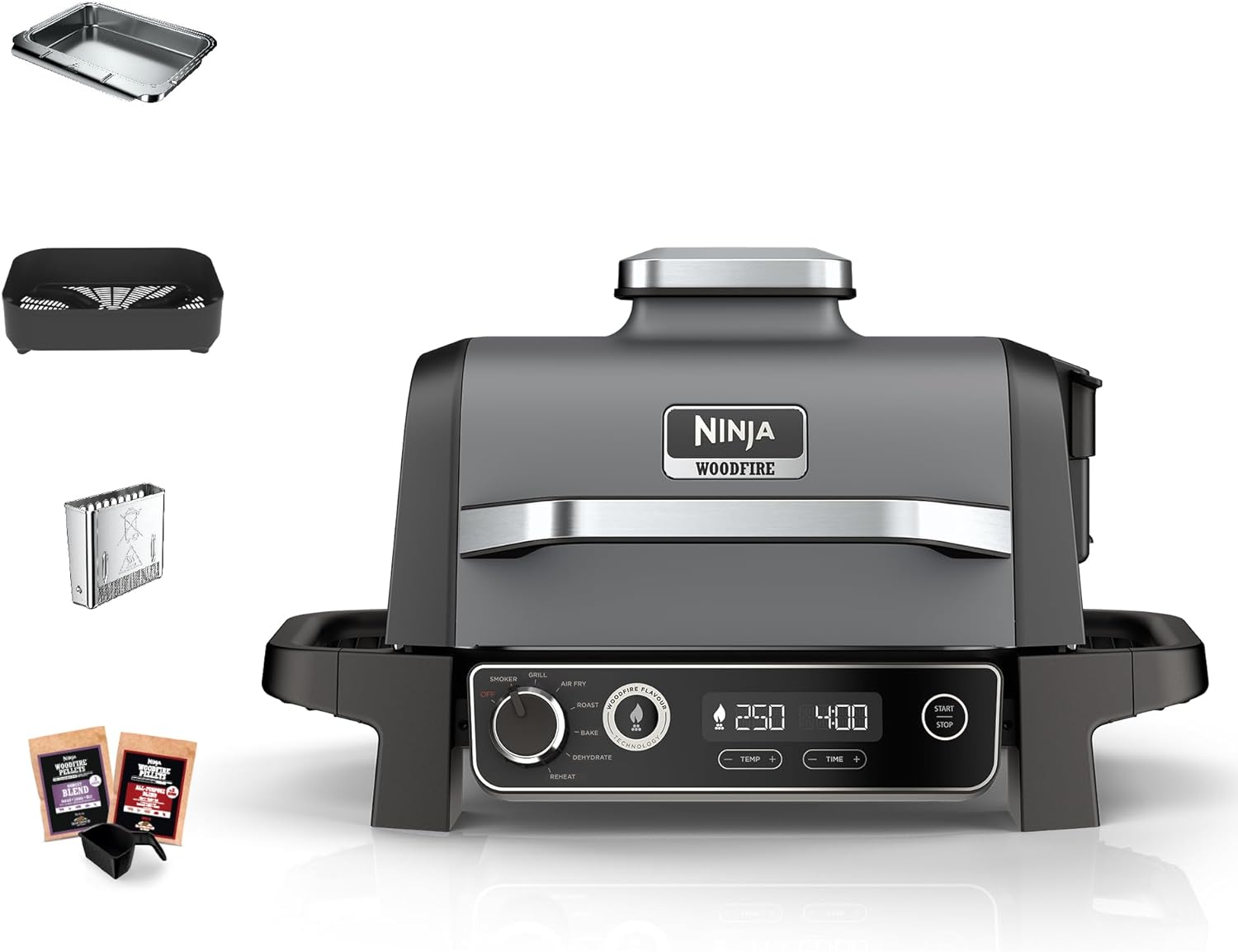 Ninja Woodfire OG701EU Electric Barbecue Camping Grill with Smoker & Hot Air Fryer, 7-in-1 Outdoor Grill, Smoking, Roasting, Baking, Weatherproof, Non-Stick Coating, Portable, Grey/Black