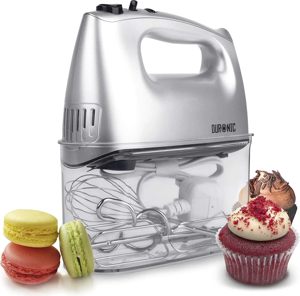 Duronic HM4/SR Electric Hand Mixer | 400 Watts | Storage Box | Turbo Function | Stainless Steel | 2 Beaters | 2 Dough Hooks | Whisk | Mixer | Hand Mixer | Ideal for Cakes, Mash, Whisk