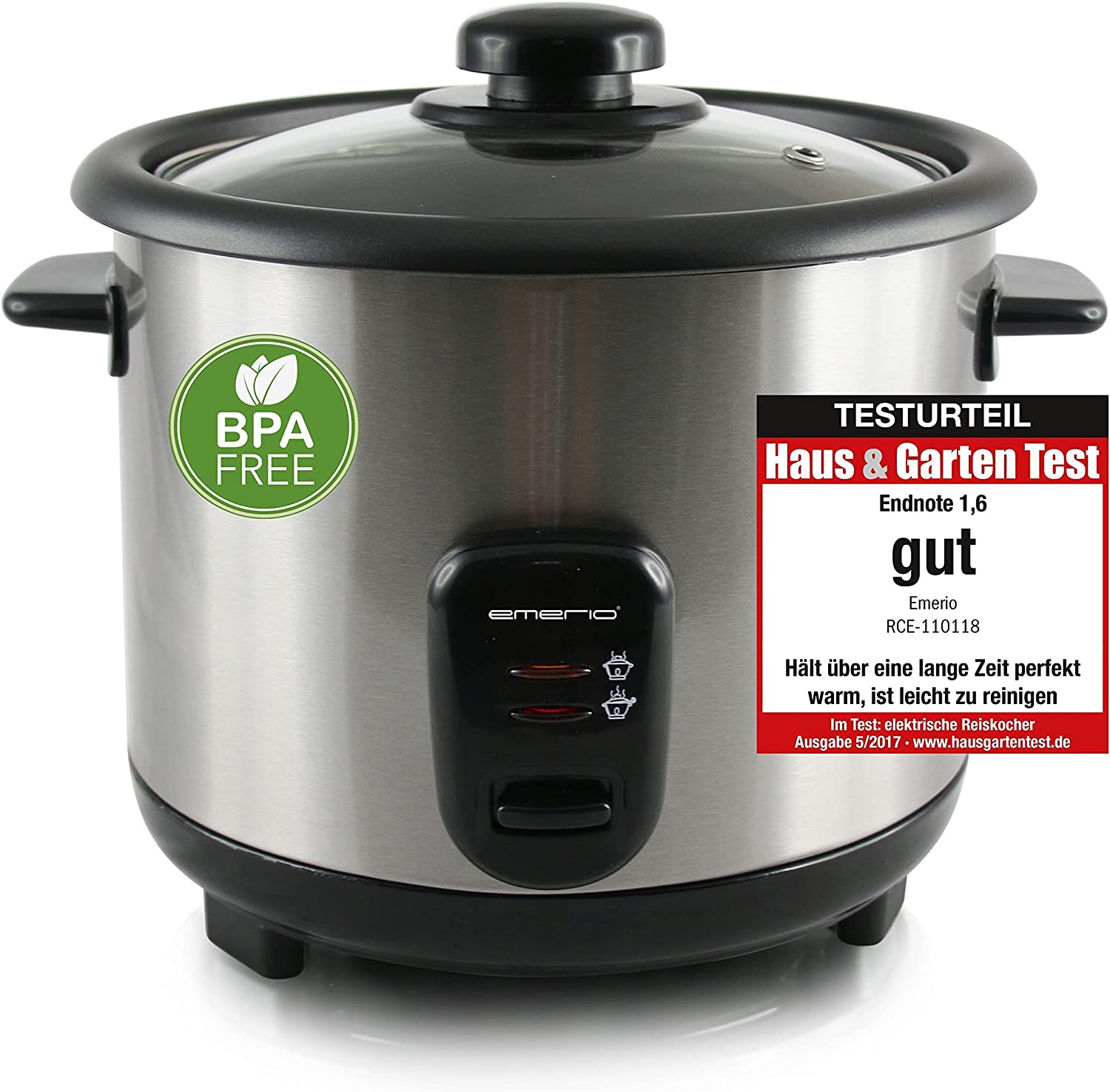 Emerio Automatic Eco Rice Cooker, BPA-Free, with 1.5 L Volume, Keep Warm Function, Auto Off, Non-Stick Coating, Glass Lid, Includes Rice Spoon and Measuring Cup, Slow Cooker, 500 Watt, Stainless Steel