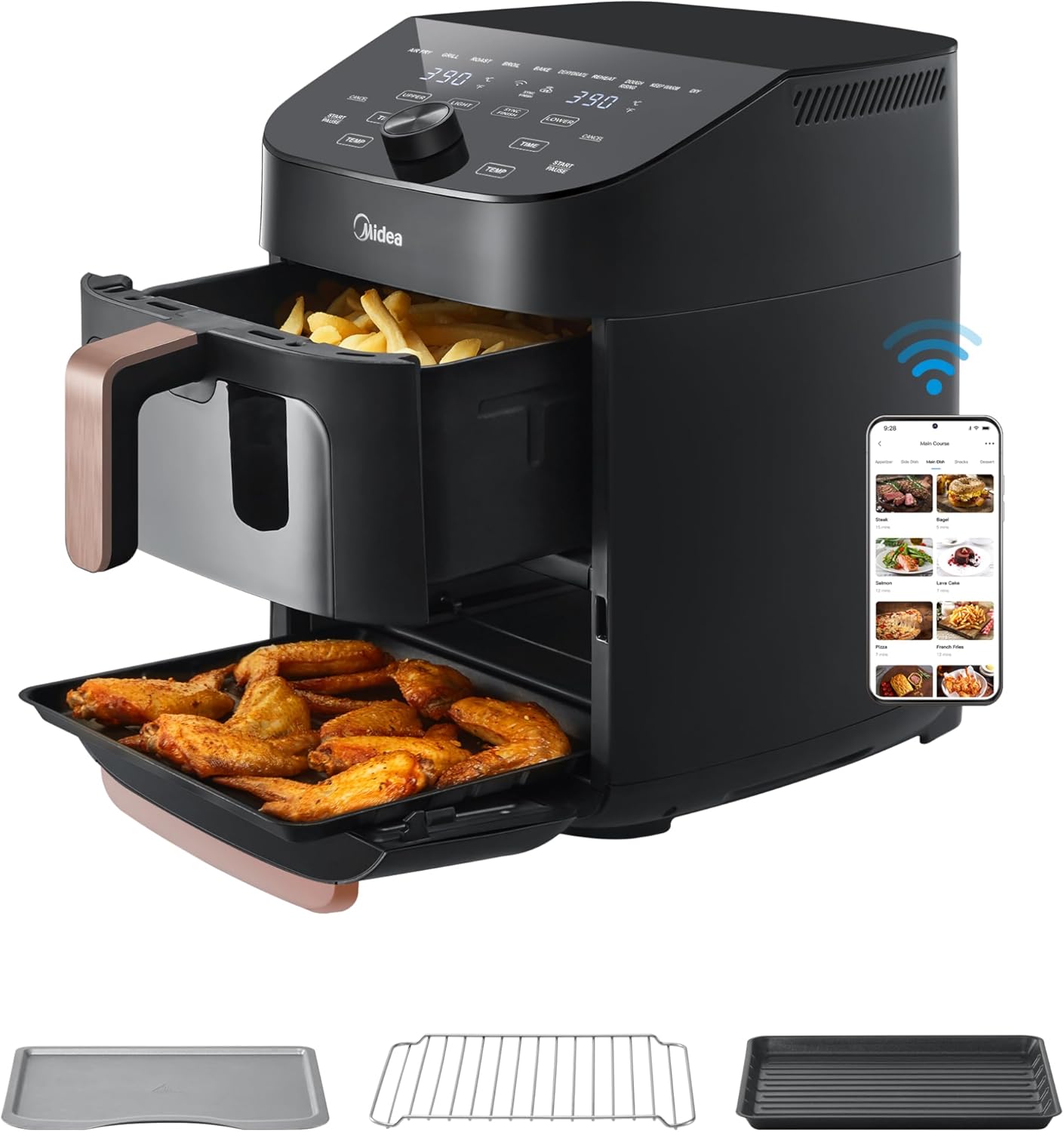 Midea Hot Air Fryer, Double Stack, Overlapping Airfryer, Smart WiFi Sync with Alexa, 11L XL Vertical Space-Saving Design, 10-in-1 Basket Grill Pan Baking for 3-8 People, 2400 W