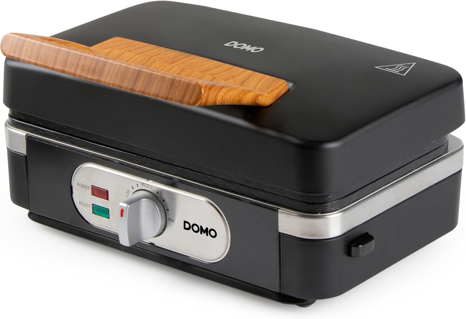 DOMO DO9278C Multifunctional Device 3-in-1 Sandwich Maker Waffle Iron Contact Grill 1100 W Matte Design in Black with Wooden Handle