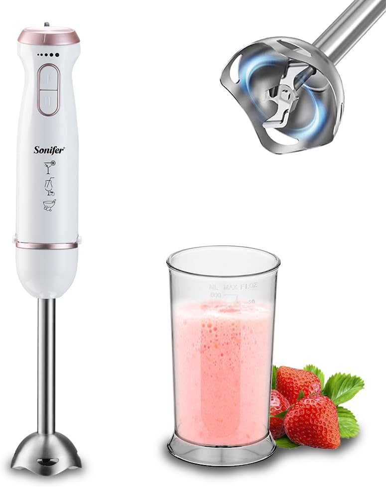 SONIFER Electric Hand Blender, Stepless Speed, Stainless Steel, Two Pieces, Turbo Button, One-Touch Separation, 1000 W, Assorted Colours, White|Green|Pink (White)