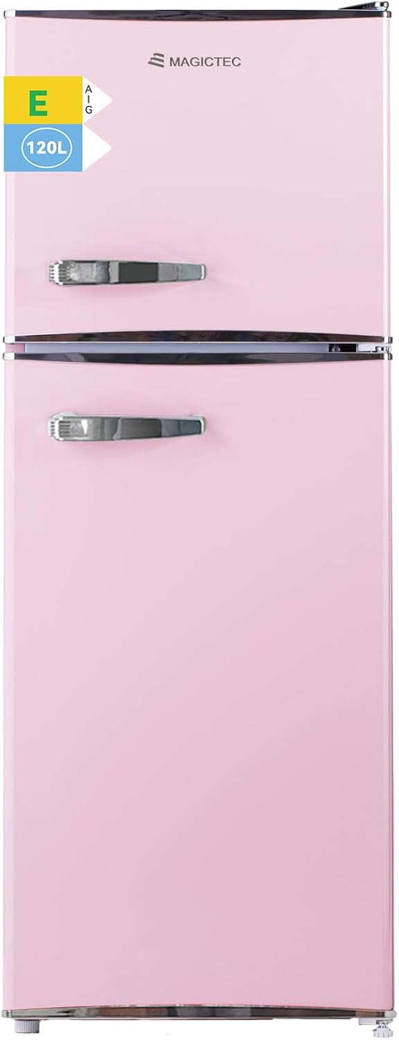 magictec Retro Fridge with Freezer, 120 L (88 L/32 L), Low Frost, Cool Freezer Combination, Vintage Design, LED Lighting, Pink