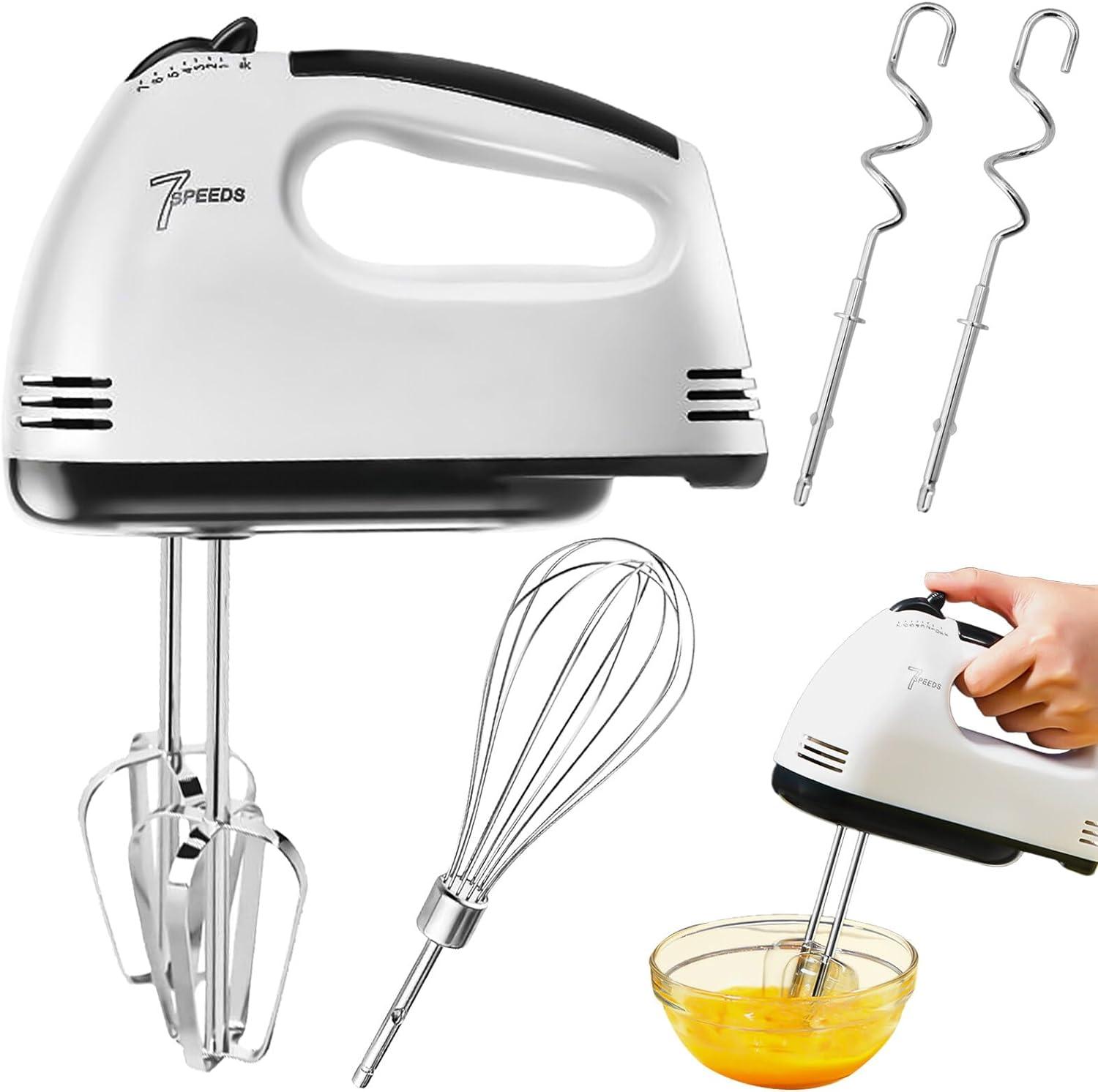 Leikurvo Electric Hand Mixer: 120 W Hand Mixer, 7 Levels Hand Mixer, Mixer, Includes 2 Whisks, 2 Stainless Steel Dough Hooks, 1 Whisk, Hand Mixer For Baking Kitchen Cakes, Egg Cream Food Beater