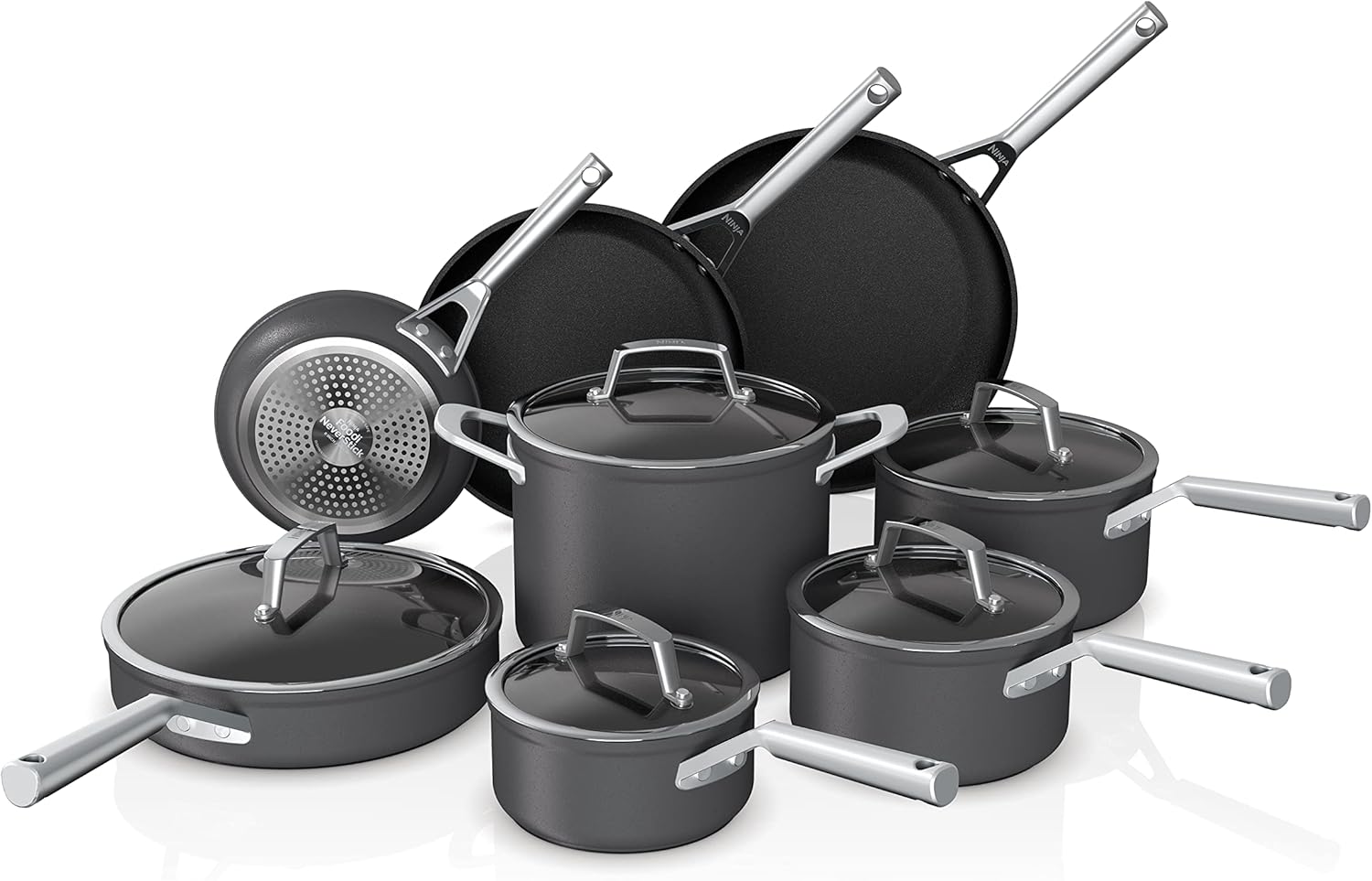 Ninja C39600 Foodi NeverStick Premium Hard Anodized 13 Piece Cookware Set, Guaranteed Not Stick, Non-Stick, Durable, Oven Safe to 500F, Gray