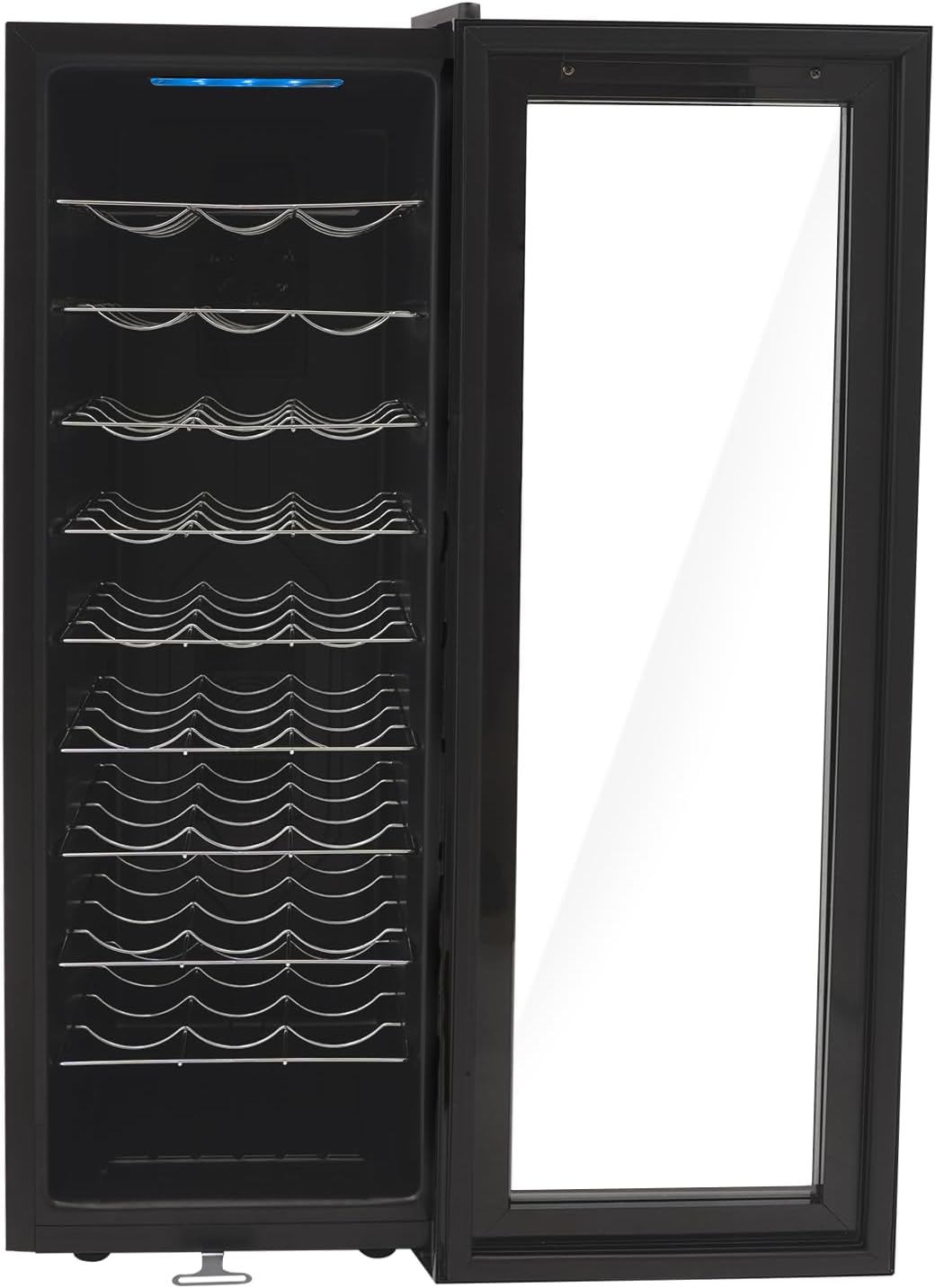 Wine Fridge 90 L for 30 Bottles with Temperature Control 12-18 °C, LED Display, Double Air Cooling, Tempered Glass Door, 9 Wave Shelves, Modern Design for Kitchen, Office and Living Room