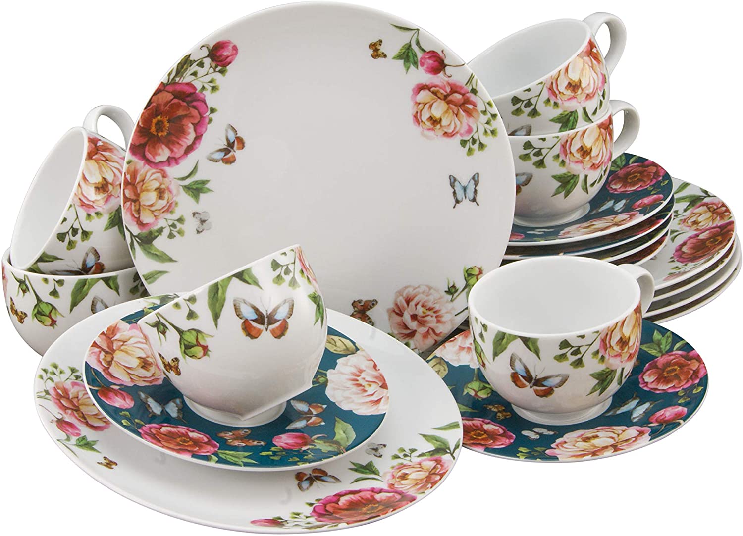 Creatable 22219 Enjoy Roses Petrol and White Crockery Set 18 Pieces Porcelain