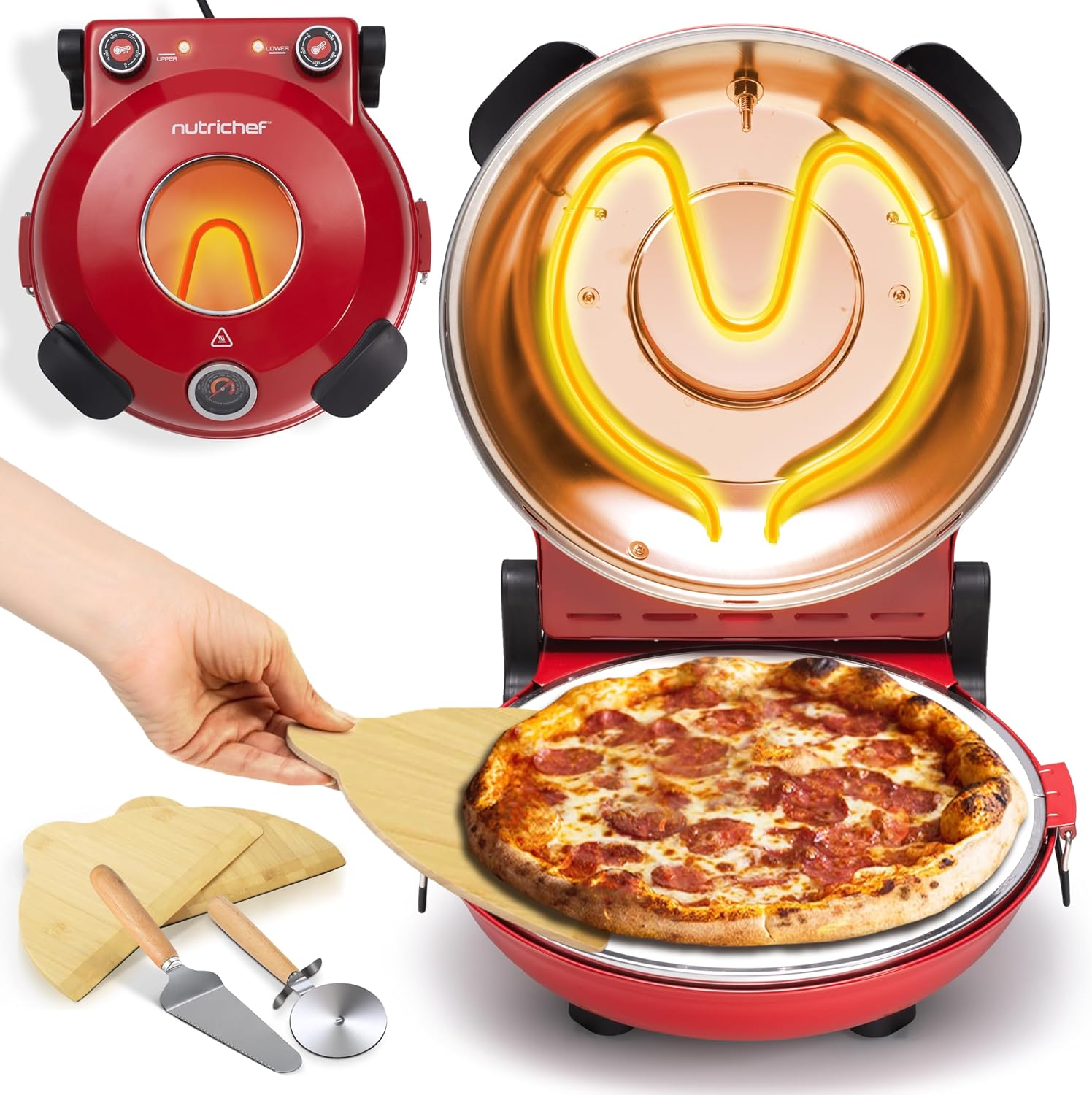 NutriChef Electric Pizza Oven | 12 Inch Countertop Pizza Maker with Temperature Control & Thermometer | Viewing Window for Precise Cooking | Heats up to 200°C | Easy to clean