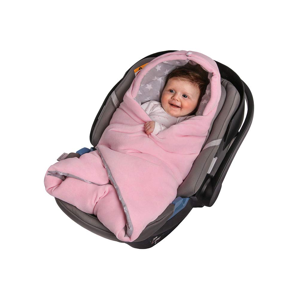 LULANDO YETI Velour Swaddling Blanket for Baby Seat, 75 x 75 cm, Sleeping Bag for Babies, Boys and Girls, Protection for Baby Seat and Child Seat (Pink-White Stars/Grey) (5902659885470)