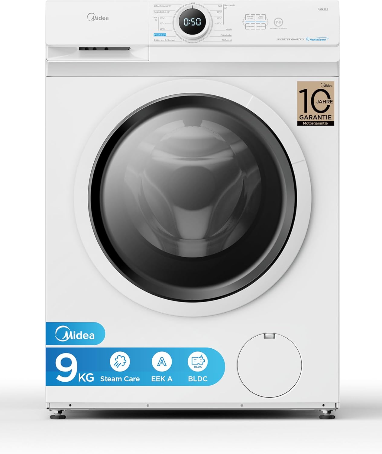 Midea MF10EW90B Washing Machine / 9 kg / 1400 rpm / Energy Efficiency Class A / Inverter Quattro Motor / Steam Function / Large Drum / Refill Function / Child Safety Lock / AquaStop, White