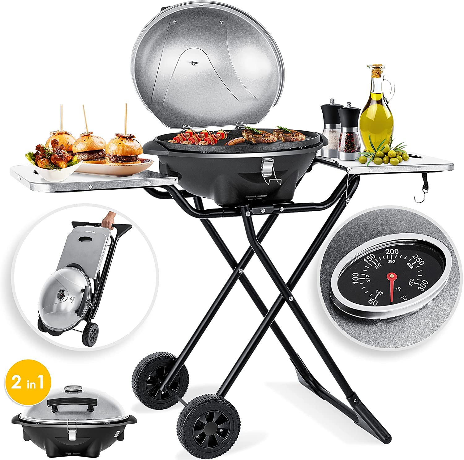 KESSER® Electric Grill 2-in-1 Table Grill with Lid and Stand Max. 2400 Watt Foldable Thermometer Non-Stick Coating Grill Plate Storage Tables 2 Wheels Silver