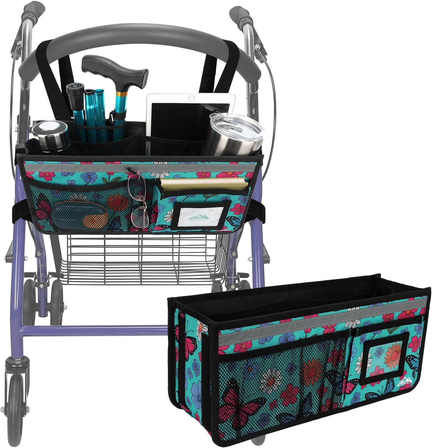 supregear Rollator Basket, Large Capacity Organizer Bag with Multiple Pockets, Foldable Universal Waterproof Storage Bag for Seniors, Cyan Butterfly