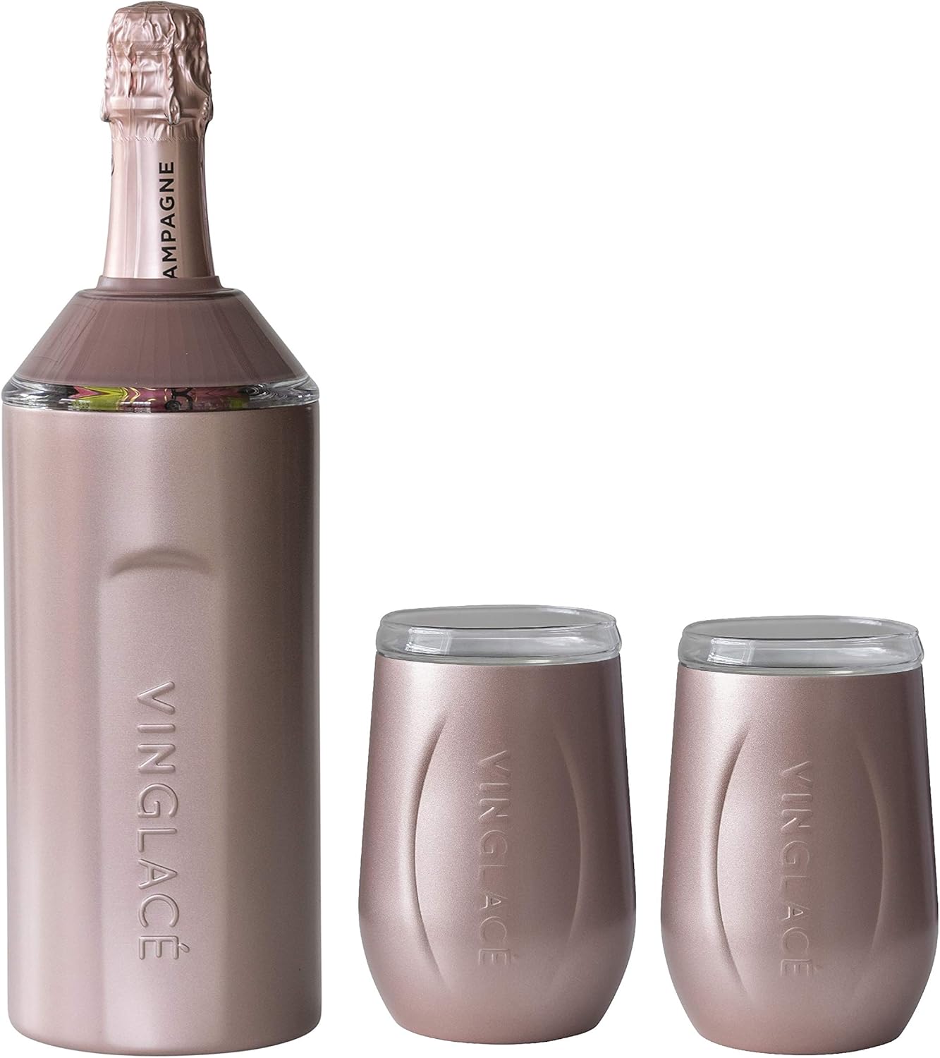 Vinglacé Wine Bottle Cooler Gift Set, Portable Stainless Steel Wine Cooler with 2 Stemless Wine Glasses, Rose Gold