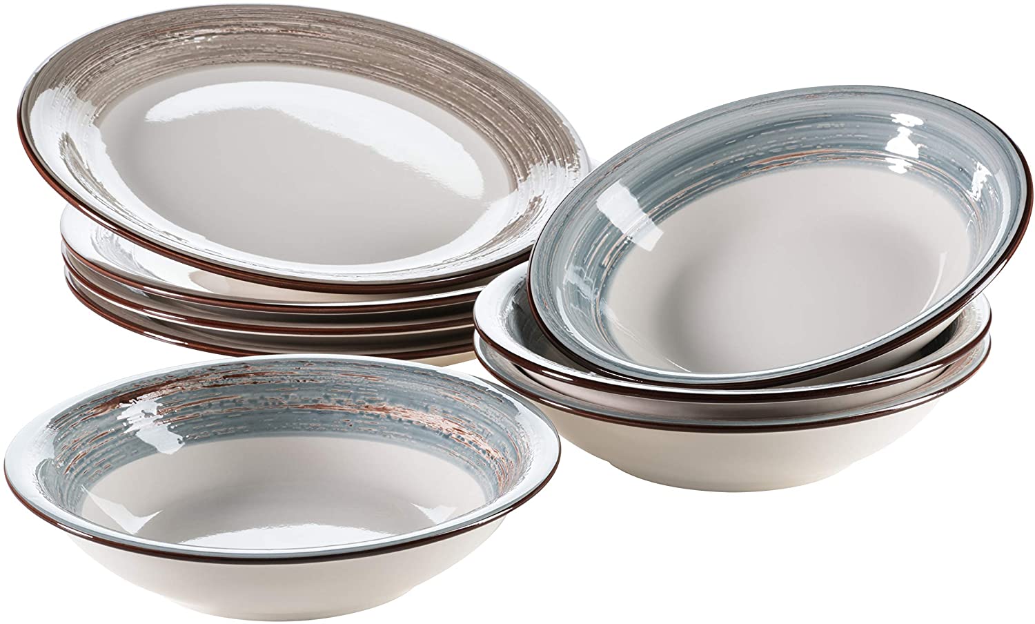 Mäser 931376 Duo Series Plate Set for 4 People 8-Piece Vintage Tableware Dinner Plate and Soup Plate in Shabby Chic Design Ceramic Brown / Blue
