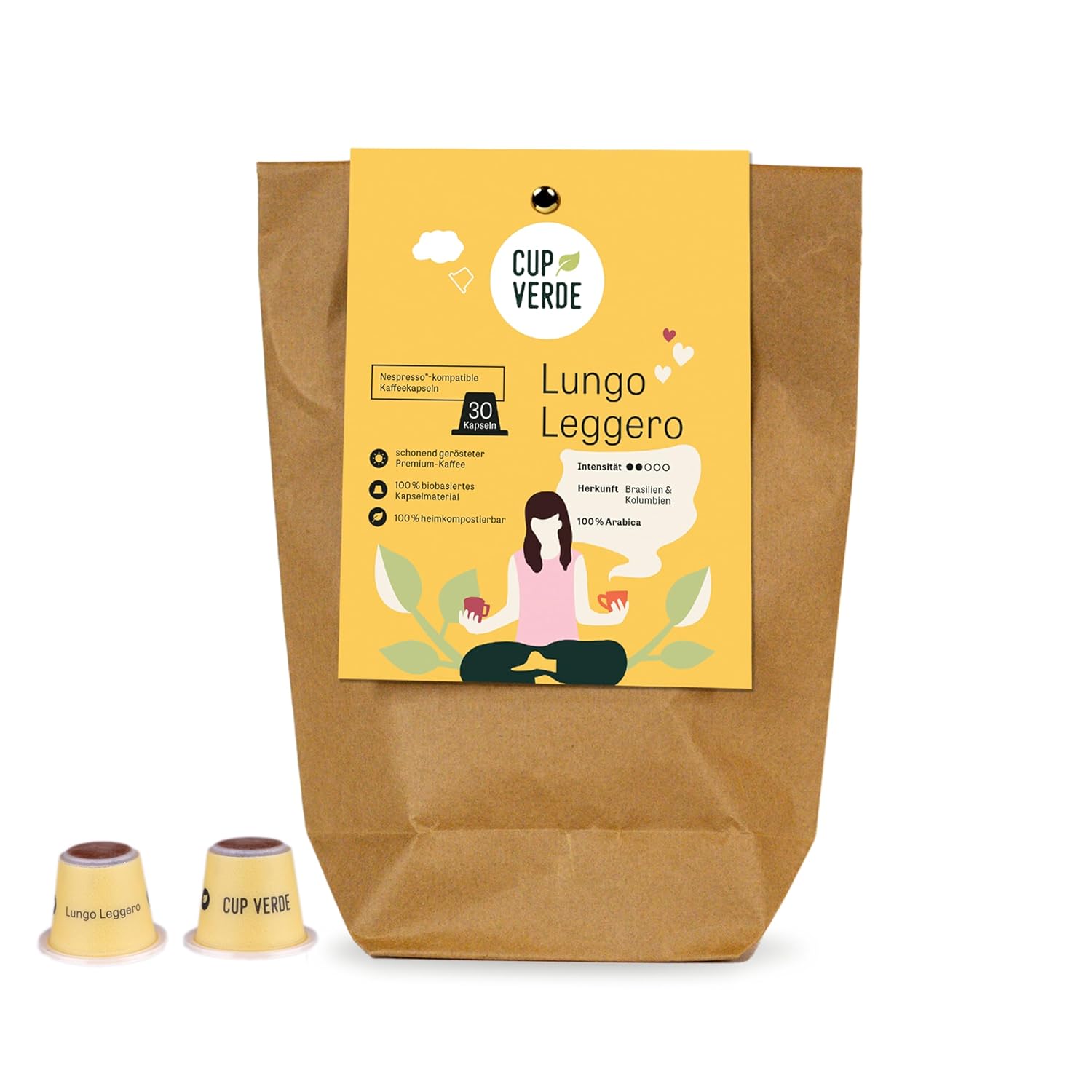 Cup Verde 30 Lungo Leggero Coffee Capsules Compatible with Nespresso* / Mild and Low Acid / Sustainable - Home Compostable - Gently Roasted