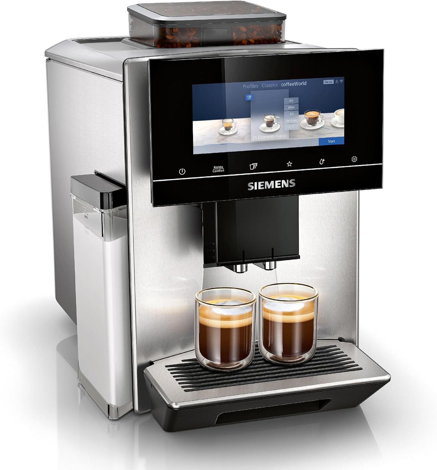 Siemens EQ900 Fully Automatic Coffee Machine, Large Colored TFT Display, 36 Hot and Cold Drinks, Cold Brew, Super Quiet, Ceramic Grinder, Double Cup Function, App Control, Stainless Steel, TQ903D03