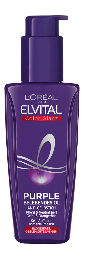 L'Oréal Paris L\'Oréal Paris Elvital Hair Oil for Blonde, Highlighted, Grey Hair, Neutralises Yellow Tones, Colour Shine Purple Invigorating Oil Against Yellow Tones, 1 x 100 ml