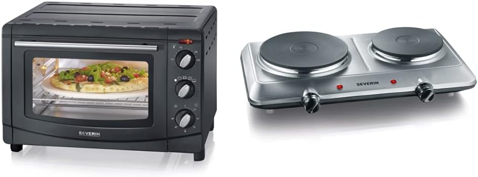 SEVERIN Baking and Toast Oven with Convection Function, Mini Oven, Hot Air Oven with 20 L Capacity, 1,500 W, Black & Double Hot Plate, Camping Stove for Two Pots, Stainless Steel, 2,500 W, 46 x 29 x