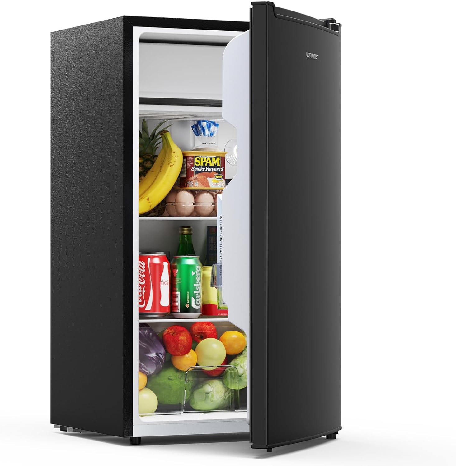 Upstreman 85L Fridge Without Freezer, 0-12°C 5-Stage Temperature Control, LED Lighting, 39 dB Quiet, Energy-Saving Full Room Fridge for Bedroom, Office, Kitchen, CR85 Black