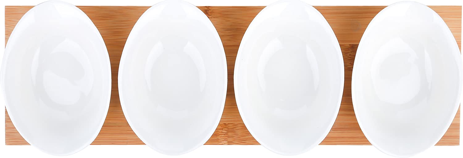 Vancasso 5-piece porcelain serving bowl set, with 4 dessert snack bowls made of porcelain and 1 rectangular tray made of bamboo.