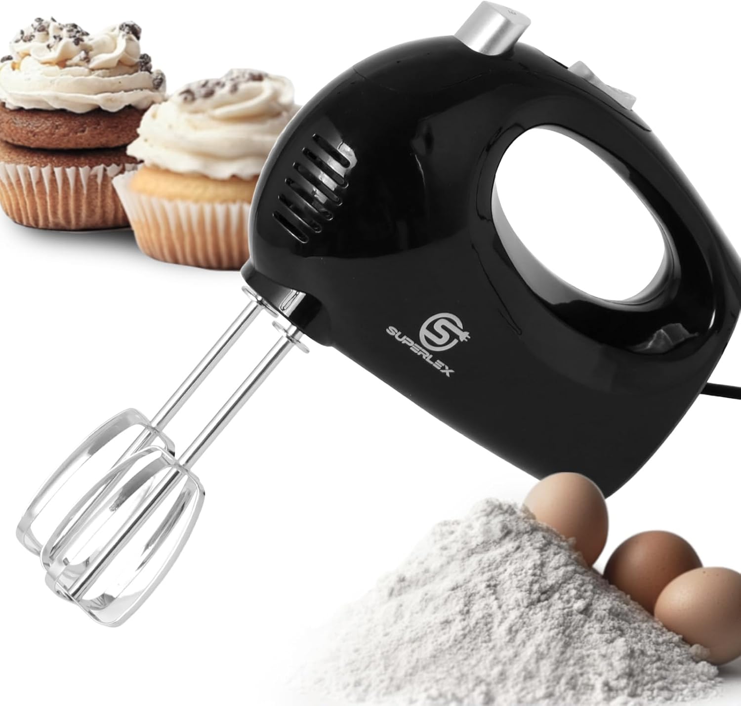SUPERLEX Hand Mixer 250 W with 5 Speed Levels, Stainless Steel Whisk and Dough Hook, Dishwasher Safe, Quiet Motor (Under 60 dB) Safety Stop and Ergonomic Handle