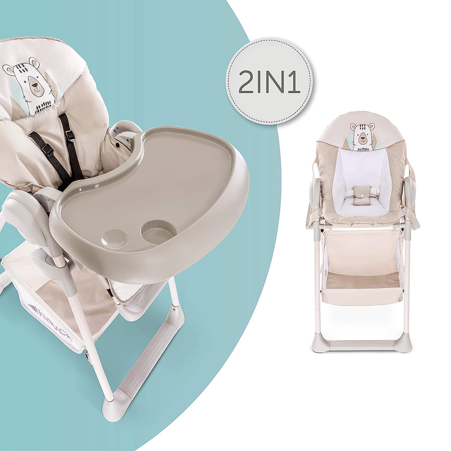 Hauck Sit N Relax Newborn Set - newborn attachment and high chair from birth up to 15 kg, with reclining function, play arch, table, castors, height-adjustable, grows with the child, foldable - beige
