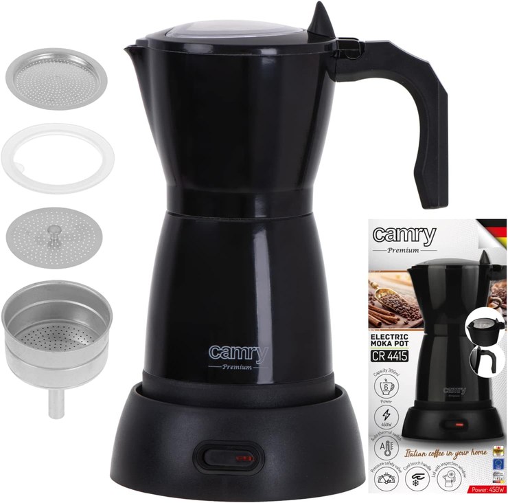 CAMRY - Electric Coffee Machine Black 300 ml - Espresso Maker for 6 Espresso Cups - Small Camping Coffee Machine - Travel Coffee Machine - Pressure Coffee Machine - 360° Rotating Stand