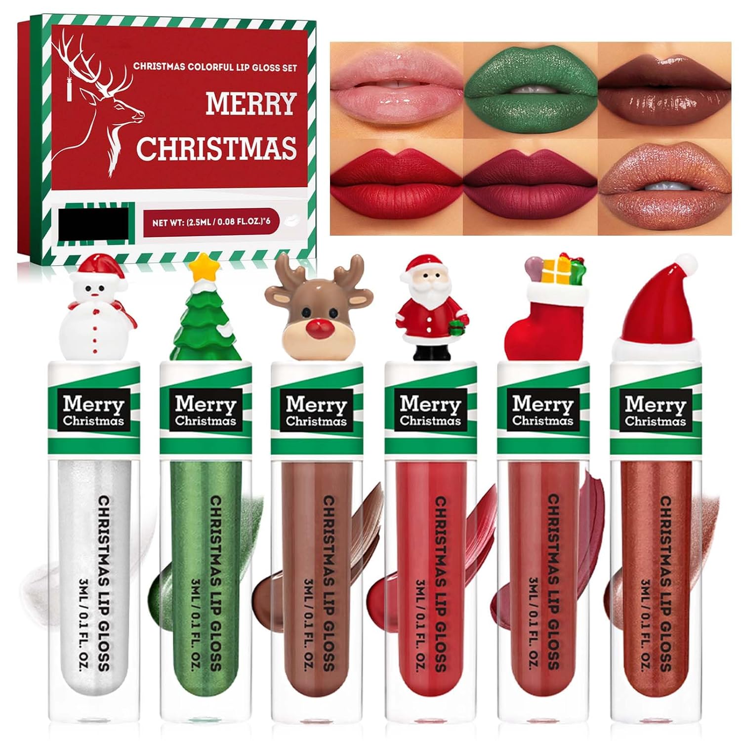 EONFAVE Christmas Lip Gloss Set, 6 Colours Moisture Lip Gloss Gift Set, Shimmer Matt Shiny Liquid Lipstick for Full-Life Lips, Waterproof & Durable Christmas Lips Makeup Set