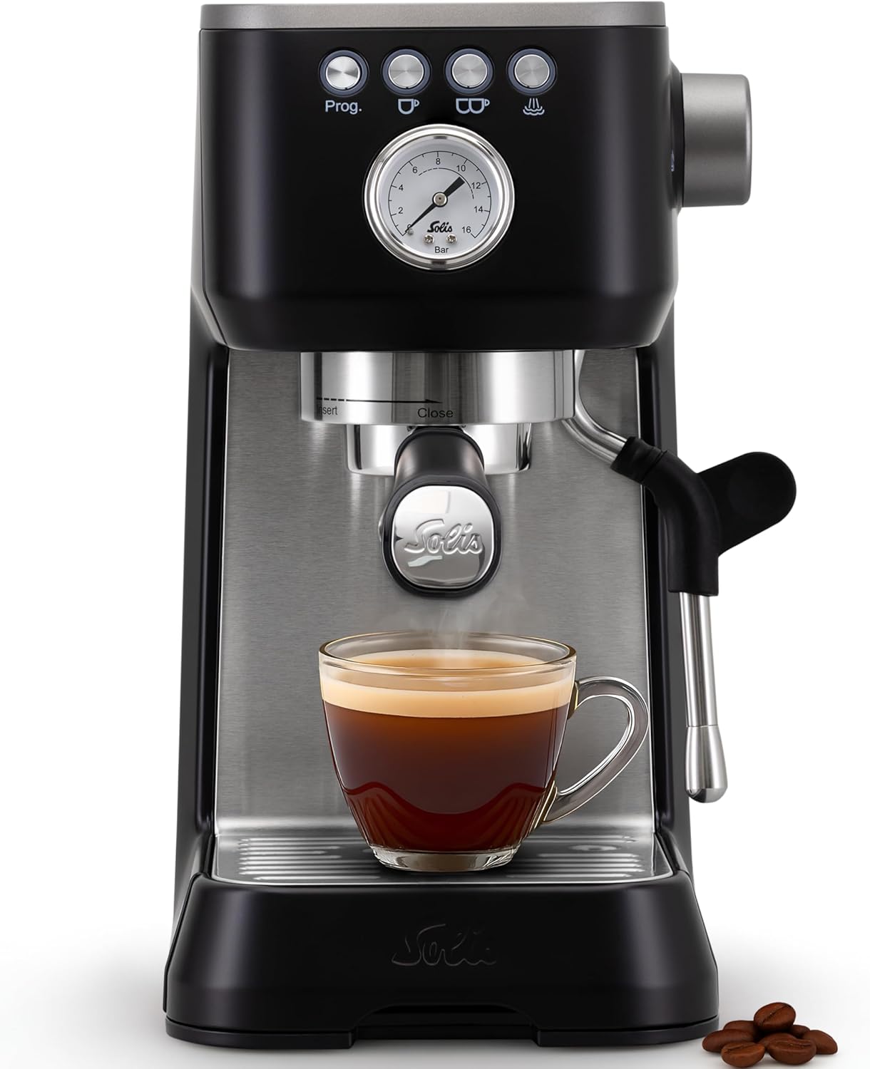 Solis Barista Perfetta Plus Espresso Machine, Semi-Automatic Coffee Machine with Milk Frother, Programmable Coffee Machine with Removable Water Tank, Hot Water and Steam Function, Black