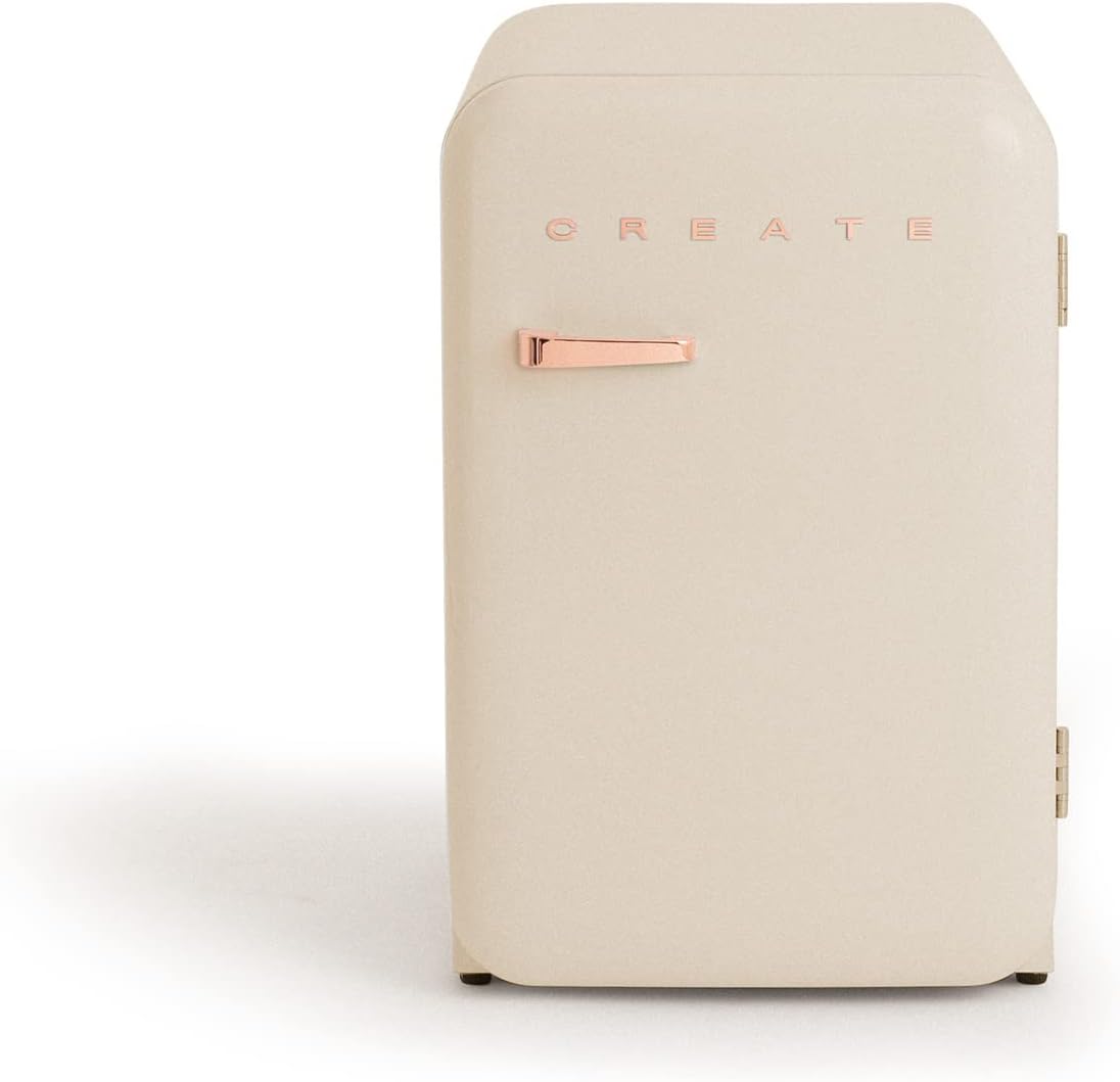 CREATE Retro Friend 83.5 Rose Gold Fridge in Cream White, Pink Gold Handle, 98 W, Low Consumption, 2 Shelves, Temperature Control, Bottle Holder, 56 x 54 x 84 cm