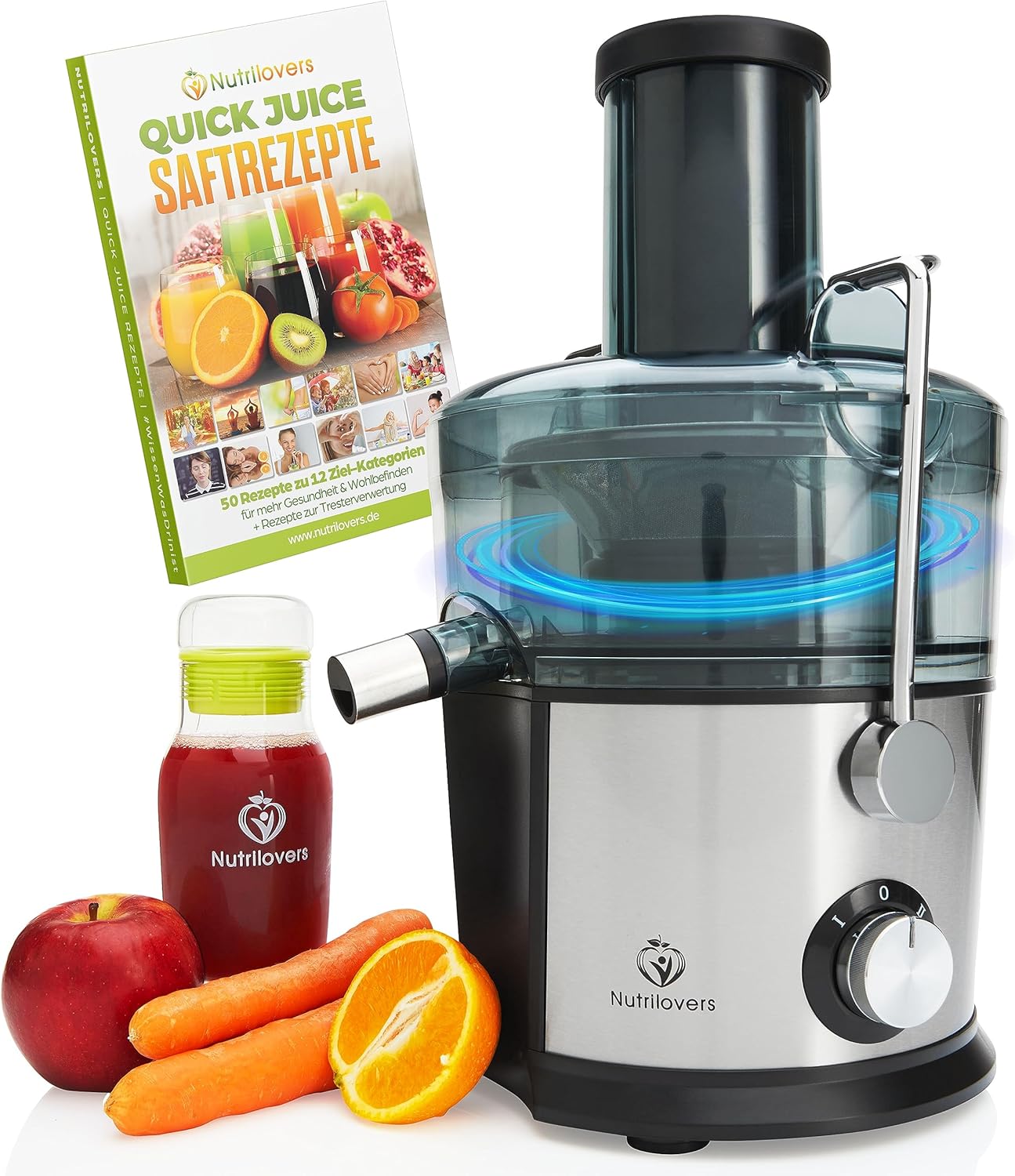 Nutrilovers *Test Winner * Quick Juicer Stainless Steel Fruit and Vegetable Juicer I XXL Slot for Whole Fruit Juicing, 800 W, 2 Speeds, BPA-Free Including Drinking Bottle + Recipes Book & App