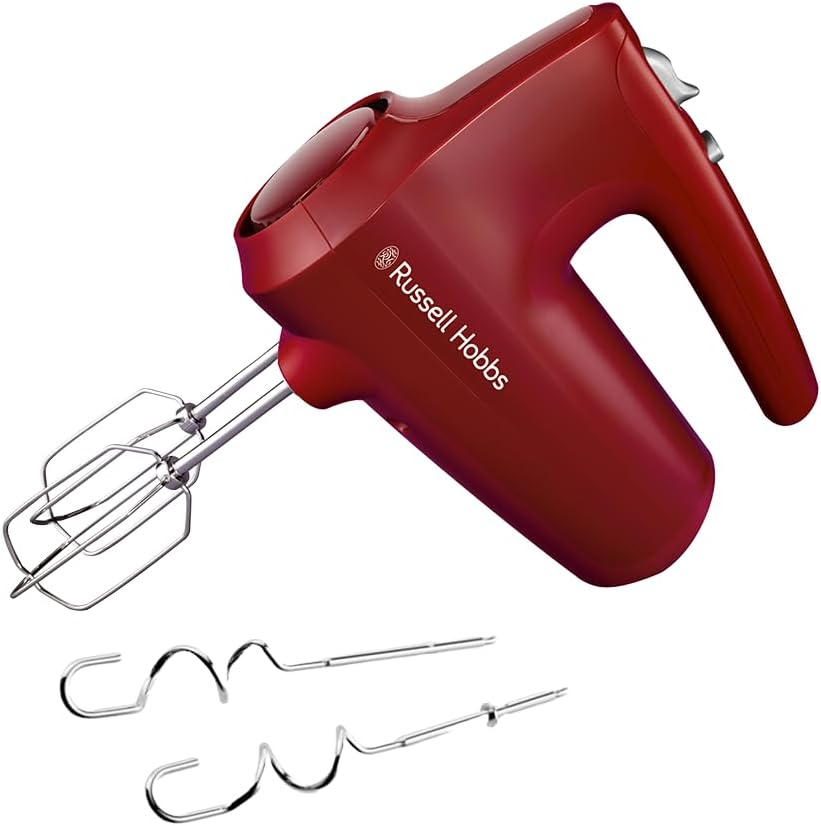 Russell Hobbs Desire Red Hand Mixer (5 Speed ​​Levels + Pulse Function, 2 Dishwasher-Safe Whisks & Dough Hooks with Chrome Appliques, Base, 350 W) Hand Stirrer 27152-56