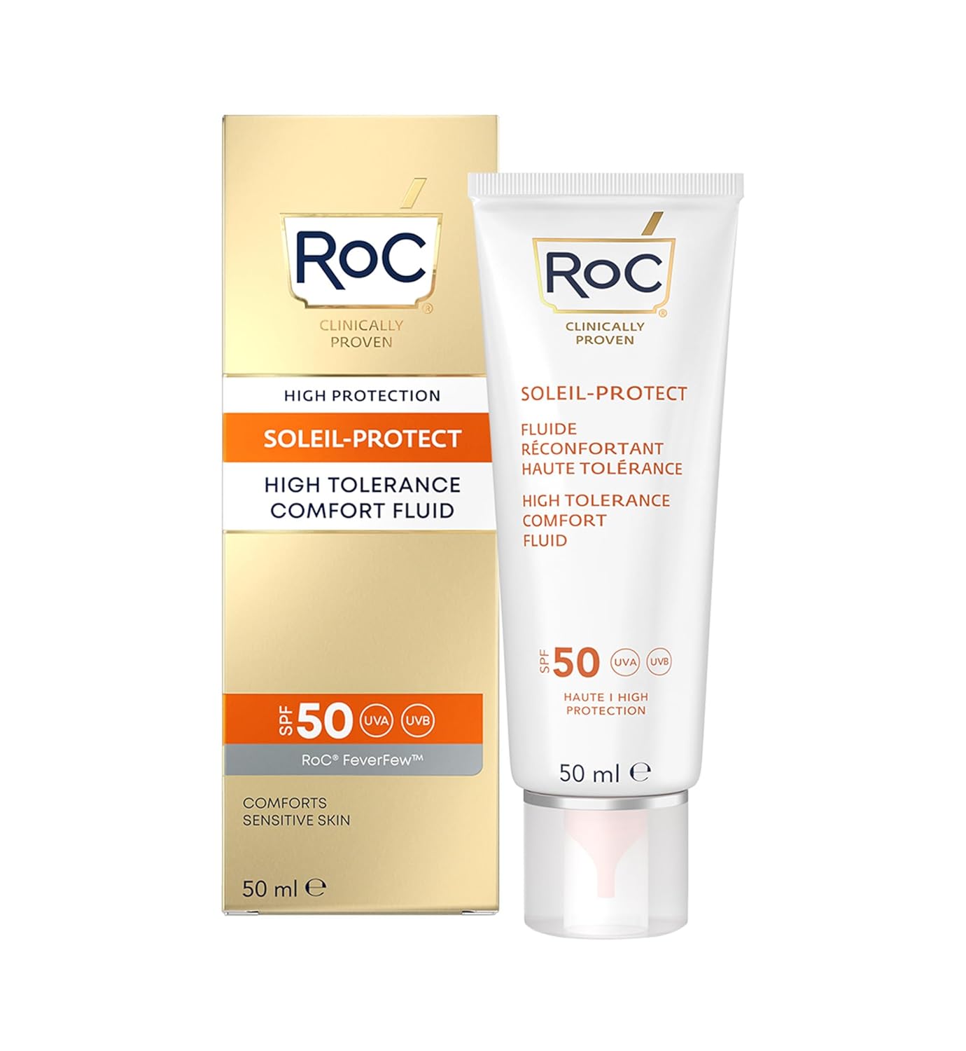 RoC - Soleil-Protect High Tolerance Comfort Fluid SPF 50 - UVA/B Protection - Face Moisturizing Cream - Hypoallergenic Sunscreen - Sensitive Skin - 50 ml