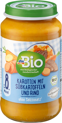 dmBio Carrots menu with sweet potatoes and beef from the 8th month, Demeter, 220 g