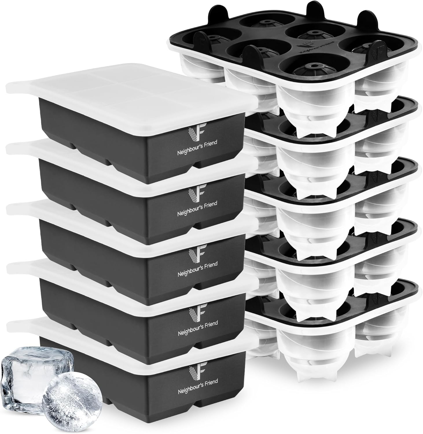 Neighbour's Friend Store Neighbour\'s Friend Patented Ice Ball Mould with XXL Ice Cube Tray - Large Ice Cube Tray Round Platinum Silicone for Cocktails, Whisky & Long Drinks - 30 x Ice Cubes & 30 x Ice Balls Dishwasher Safe,  5 X Ice Cube Trays + 5 X Ice Ball Moulds