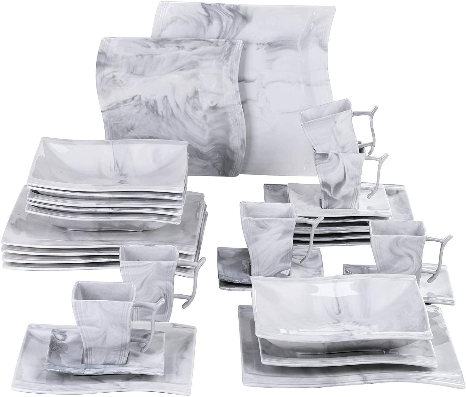 Malacasa, Flora series, 30 pieces Marble Porcelain Dinner Service, Crockery Set, Table Service with 6 Cups, 6 Saucers 6 Dessert Plates 6 Soup Bowls and 6 Flat Plates