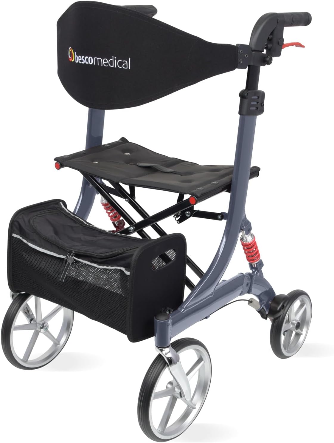 Lightweight Rollator Spring - Walking Aid with Comfort Suspension - Height Adjustable & Foldable - Includes Mesh Pocket & Back Strap - Comfortable Seat - Foldable - Model L Graphite Gray