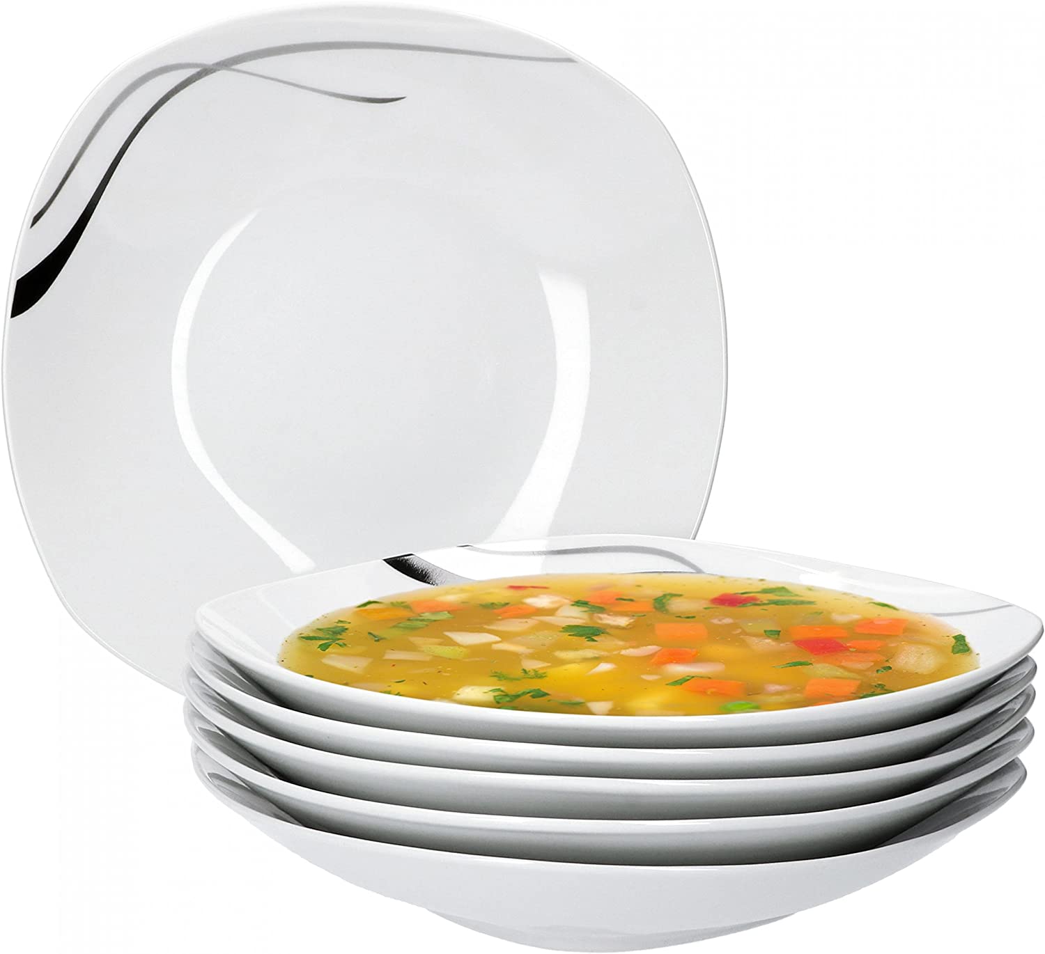 Van Well Silver Night Tableware - 6 soup plates - Porcelain Ceramic white with black decor stripes