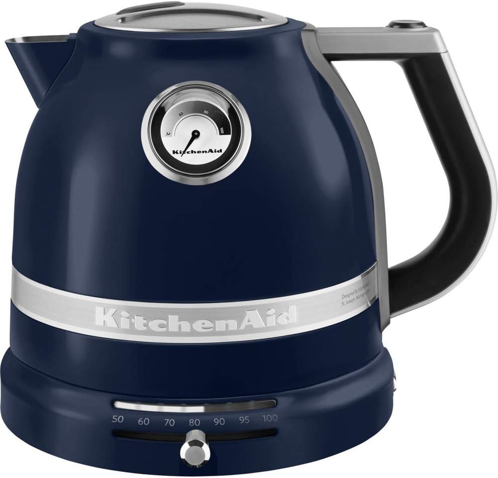 KitchenAid Kettle with Temperature Setting from 50 to 100 °C, Tea Maker with Limescale Filter, 1.5 L, Electric 2400 Watt, Stainless Steel, Ink Blue