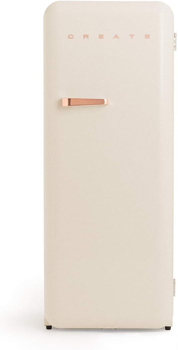 CREATE Retro Friend 150 Rose Gold Fridge Freezer 281 L in Cream White, Pink Gold Handle / 102 W, Low Energy Consumption, 150 cm, 3 Shelves, Temperature Control, 60 x 60 x 150 cm