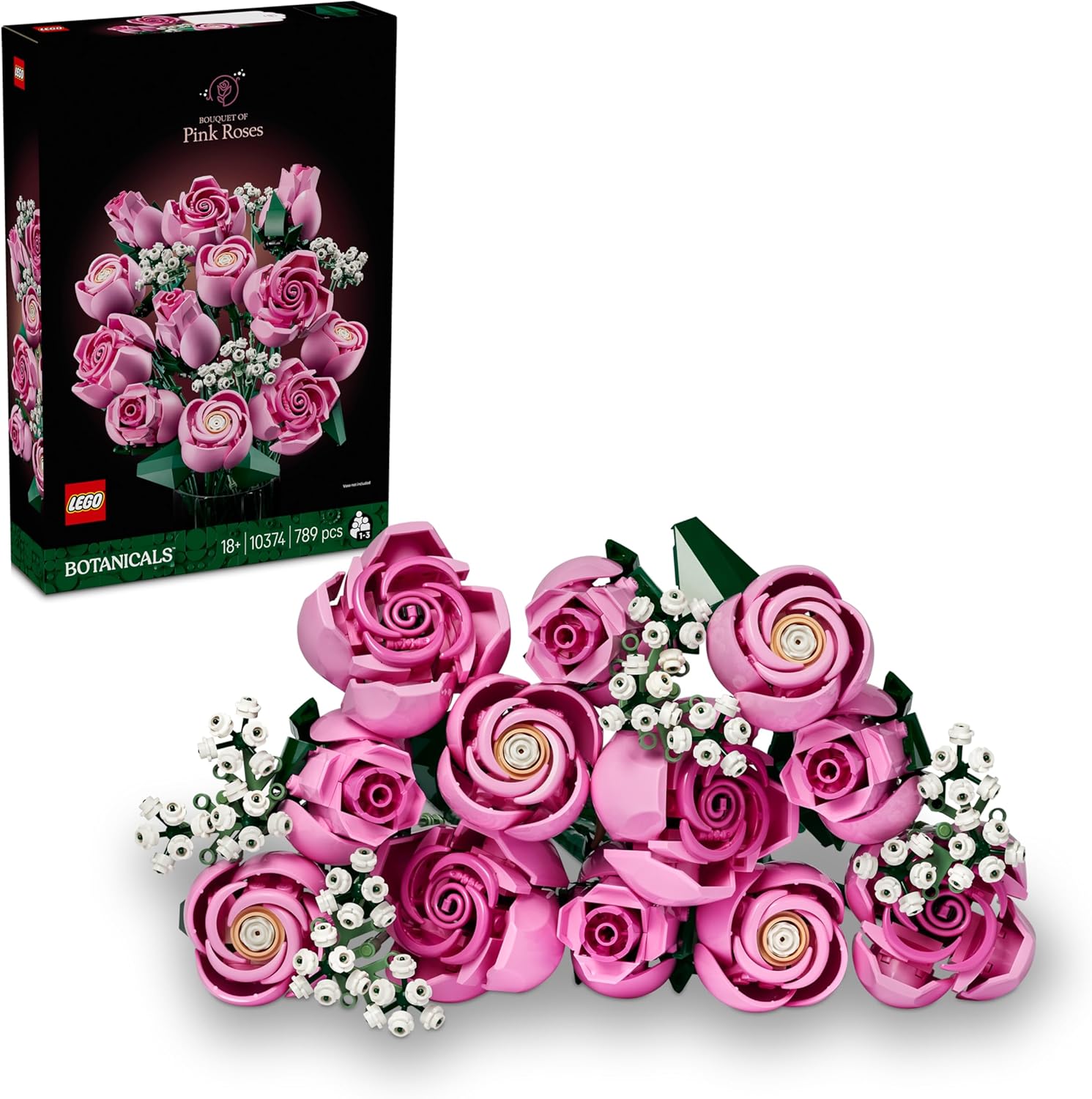 LEGO Botanicals Pink Rose Bouquet - Artificial Flowers Model Making for Adults - 12 Artificial Roses & 4 Branches Gypsophila for Decoration in the Home or Office - DIY Set - Gift for Men and Women