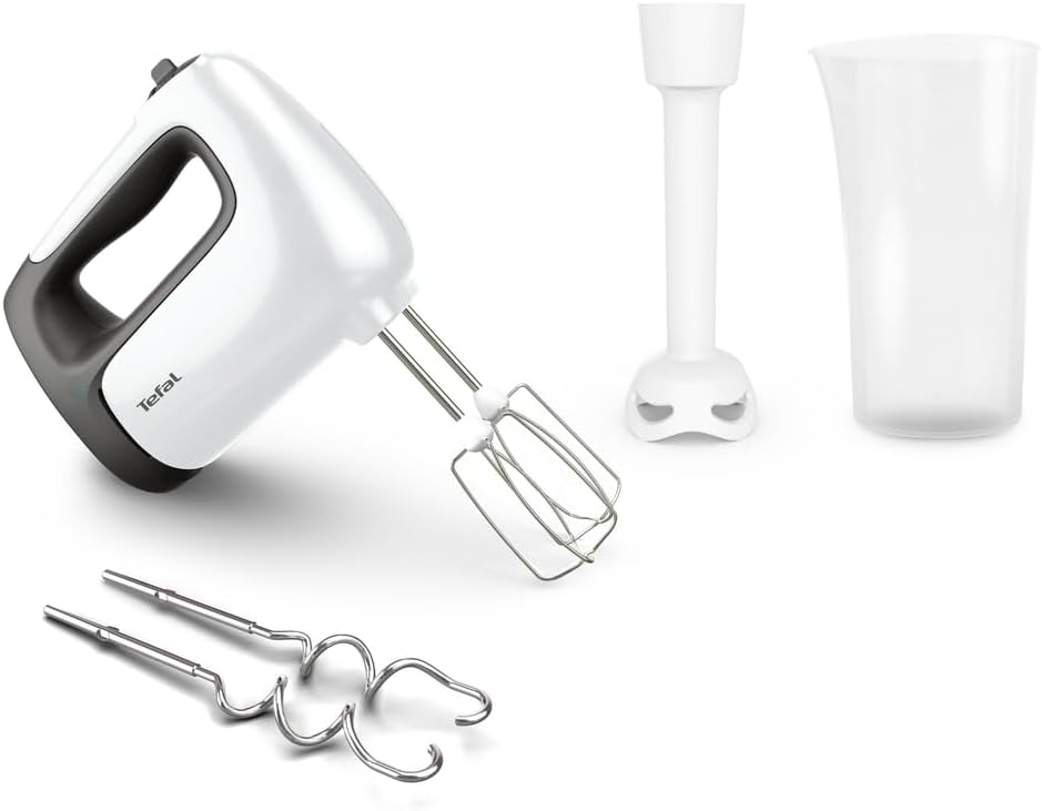 Tefal Prep\'Mix+ HT4611 Hand Mixer with Purée Stick, 500 Watt, Sliding Button with 5 Speeds + Turbo, Includes Accessories: 2 Whisks, 2 Dough Hooks, Puree Stick, Measuring Cup, White/Black