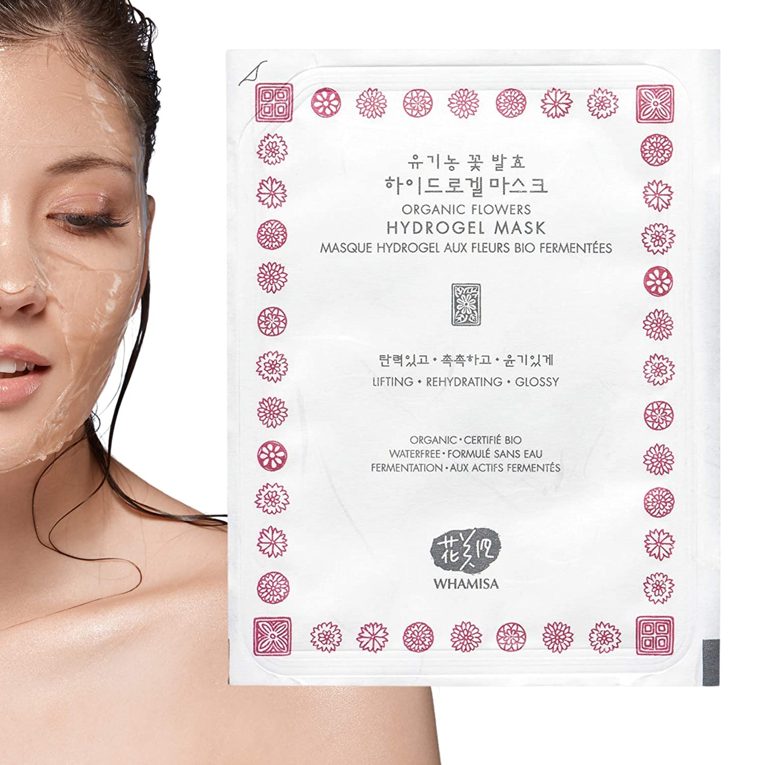 WHAMISA Organic Flowers Hydrogel Face Mask, Fermented Korean Natural Cosmetics, 33 g, Anti-Ageing Care, Soothes, Against Blemished Skin, mask ‎flower