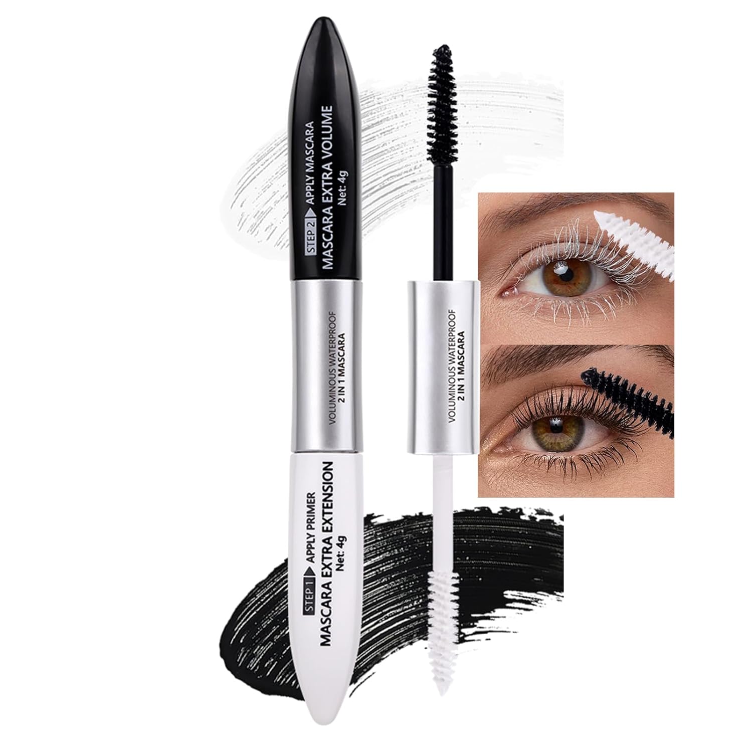 EONFAVE 2-in-1 Mascara + Primer, 5D White Eyelash Primer & Mascara Waterproof, Telescopic Mascara, Smudge-proof & Durable, Volumizing & Curl Mascara Primer for Extremely Long Eyelashes, Eye Make-Up