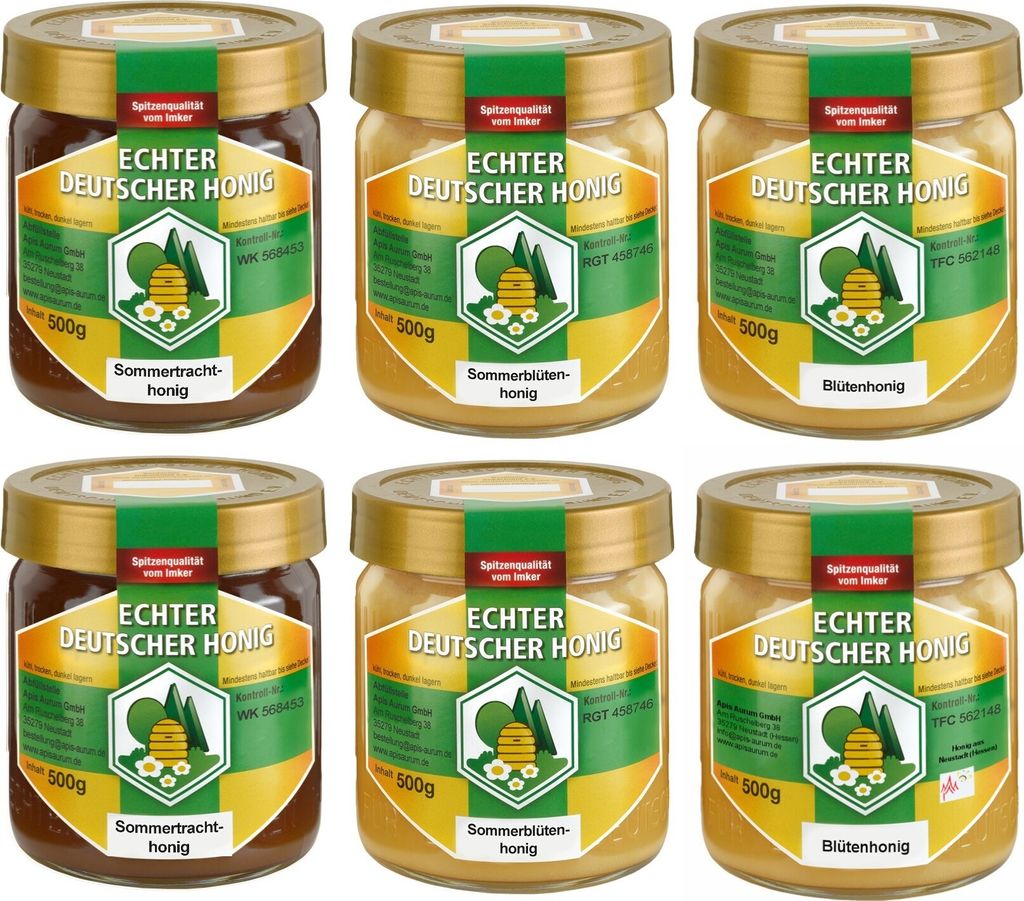 Apis Aurum GmbH Genuine German Honey - 6 Jars - Set of 2x 500g blossom honey, summer blossom honey, dark summer honey