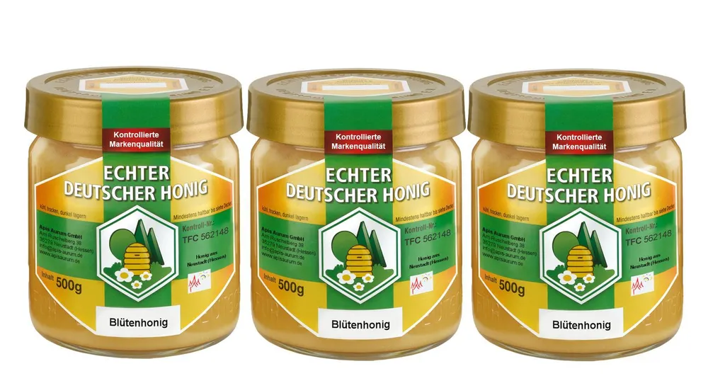 Apis Aurum GmbH Genuine German honey from Hesse. Natural, finely sieved and unfiltered. 3 x 500g blossom honey.
