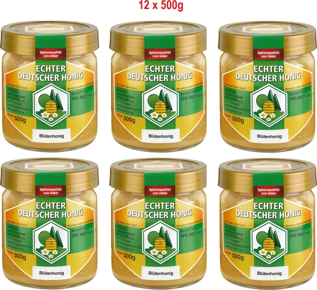 Apis Aurum GmbH Genuine German honey from southern Hesse. 12 x 500g blossom honey - gently harvested, gently processed, finely strained and unfiltered. 6000g