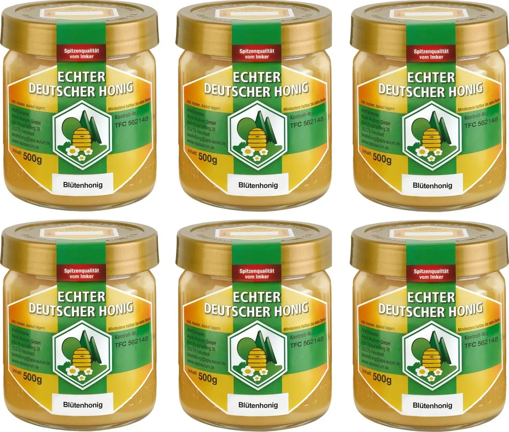 Apis Aurum GmbH Genuine German honey from southern Hesse. 6 x 500g blossom honey - gently harvested, gently processed, finely strained and unfiltered. 3000g