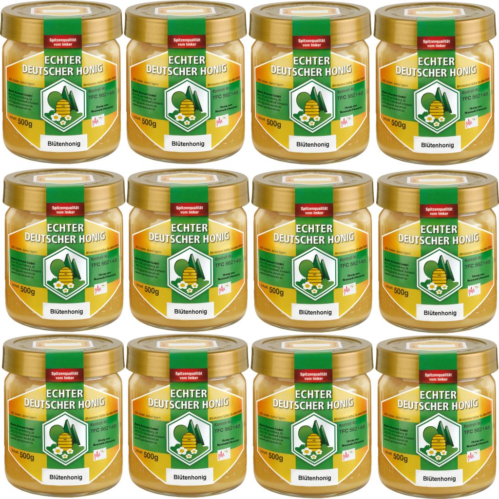 Apis Aurum GmbH Genuine German honey from a beekeeper in Neustadt (Hesse). 12 x 500g blossom honey - gently harvested and processed. Finely sieved but not filtered. 6000g